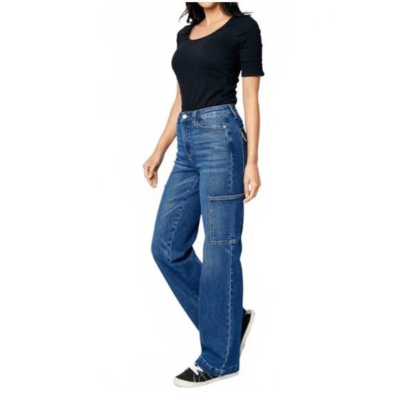 Judy Blue High Rise Wide Leg Cargo Jeans Size 13/31 Dark Wash JB88725 - Picture 1 of 15